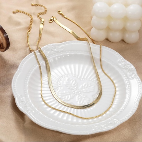 14K Gold Plated Snake Chain and Herringbone Necklaces - Picture 5 of 5